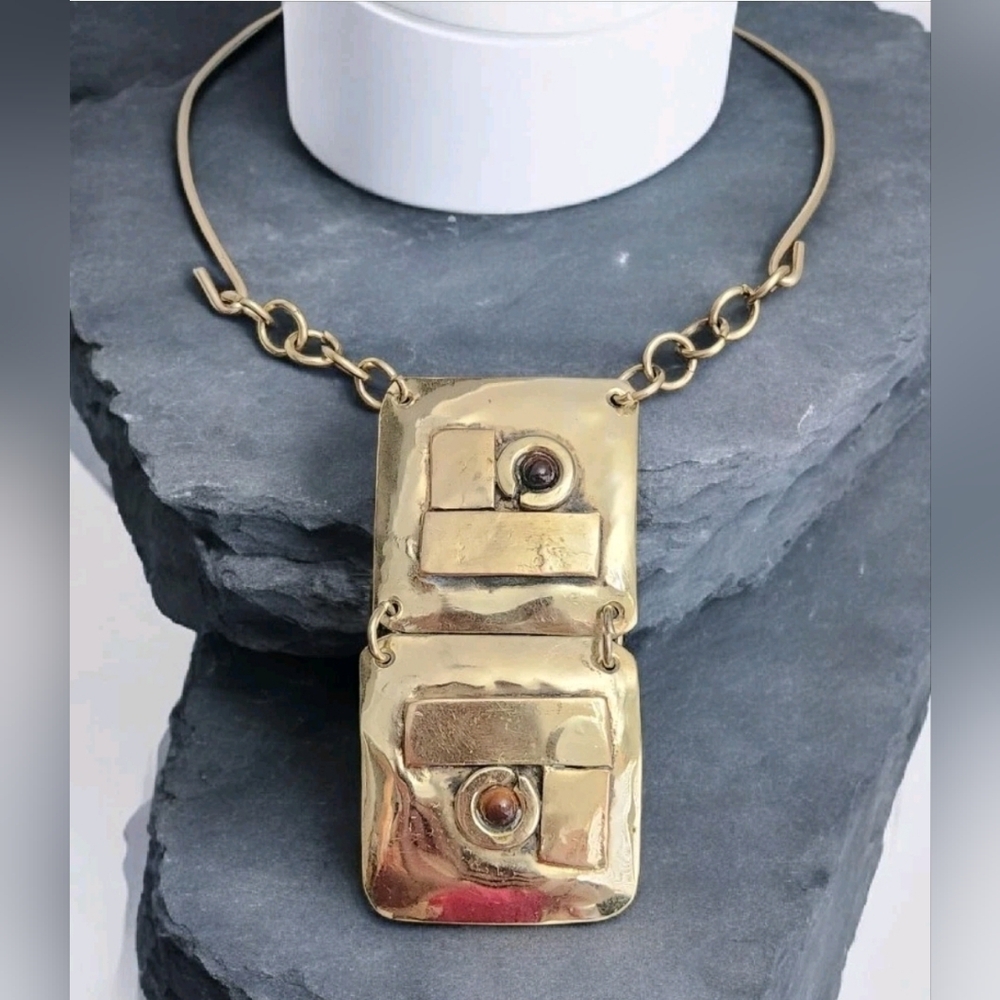 LILLO Israel Vintage Modernist Brass Pendant Necklace Neck Ring Cabochon Signed